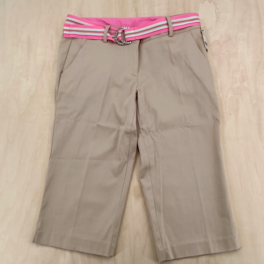 No Boundaries Capri Pants Juniors 9 Beige Striped Belt Rhinestone Y2K McBling